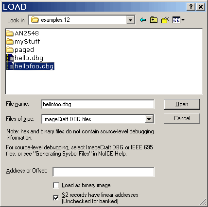 Load dialog for ImageCraft DBG files